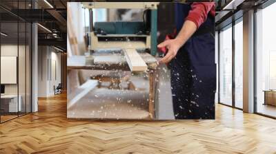 Working man using thickness planer at carpentry shop, closeup Wall mural