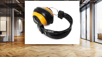 Yellow earmuffs isolated on white. Safety equipment Wall mural