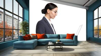 Young businesswoman with laptop on white background Wall mural