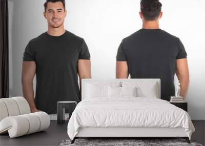 Young man in blank black t-shirt on white background, front and back views. Mock up for design Wall mural