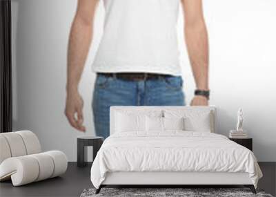 Young man in t-shirt on white background. Mock up for design Wall mural