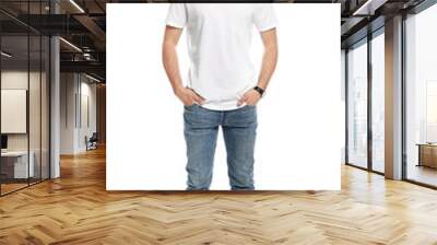 Young man in t-shirt on white background. Mock up for design Wall mural