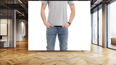 Young man in t-shirt on white background. Mock up for design Wall mural