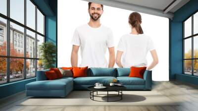 Young people in t-shirts on white background. Mock up for design Wall mural