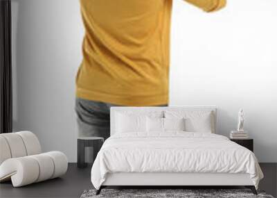 Young photographer with professional camera on white background, back view Wall mural