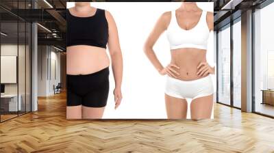 Young woman before and after weight loss on white background, closeup Wall mural