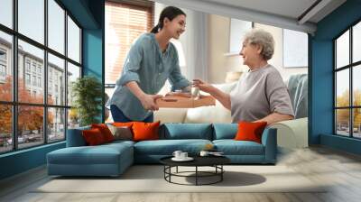 Young woman serving dinner for elderly woman in living room. Senior people care Wall mural