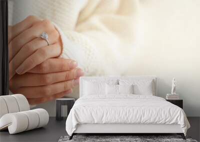 Young woman wearing beautiful engagement ring, closeup view with space for text. Banner design Wall mural