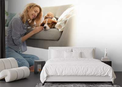 Young woman with her cute pet at home, space for text. Banner design Wall mural