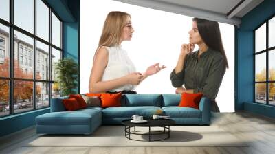 Young women in casual clothes talking on white background Wall mural