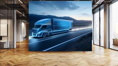 The futuristic blue truck is traveling on the highway. Generated Ai Wall mural