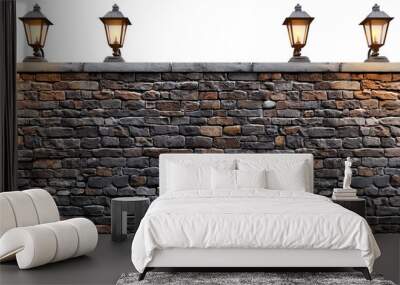 Brick wall with vintage street lamps on top, providing warm lighting against a dark backdrop. Ideal for backgrounds or architectural themes. Wall mural