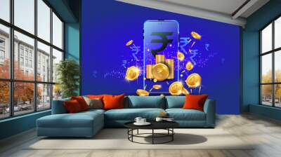 Digital money indian Rupee, online payment, mobile banking Indian budget growth and stock market background. Wall mural