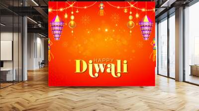 Diwali festive background. Indian traditional lights decoration lantern sparkle fire cracker paper frills and ethnic floral on red background. Wall mural