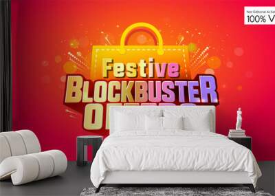 Festive blockbuster offers logo with shopping bag. Navratri diwali Festival Sale deal discount concept with sparkle crackers, fireworks on red background. Wall mural