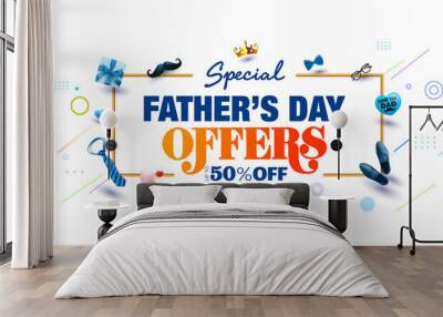 Happy Father's Day. Fathers day sale banner, 50% off promotional deal discount background. Wall mural