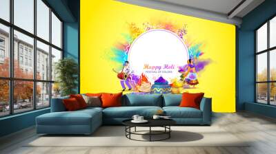 Happy Holi Festival circular template Design. Indian traditional festival of colors background. People playing with Colorful color splash, fun and holi celebration. Wall mural