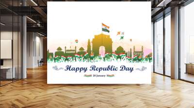 Indian freedom celebration banner Happy Republic day patriotic parade background at india gate. Indian monuments skyline. Wall mural