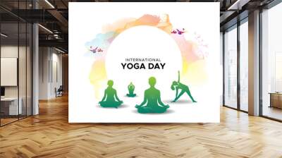 Yoga day template. Family practicing body fitness on international yoga day 21st June. Wall mural