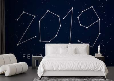 Happy new year 2019 card, constellations of the night sky. Editable vector design. Spanish version. Wall mural