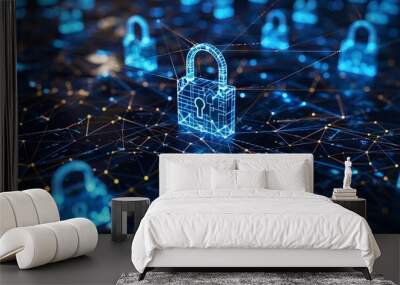 Digital representation of blue padlocks on a network, symbolizing cybersecurity and data protection in interconnected systems. Wall mural