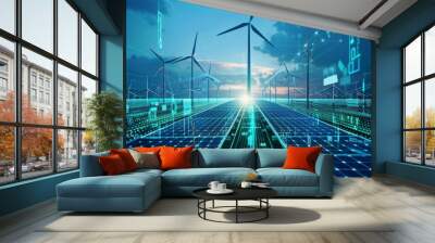 Digital transformation in renewable energy with solar panels and wind turbines against a futuristic cityscape at dawn. Wall mural