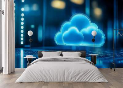 Futuristic blue cloud symbol representing cloud computing technology and data storage in a digital environment. Wall mural