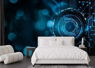 Futuristic digital background featuring abstract technology elements with blue glowing lines and circular design. Wall mural