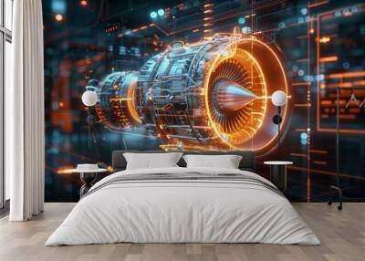 Futuristic digital illustration of a jet engine, showcasing the innovation and intricate design of modern aerospace technology. Wall mural