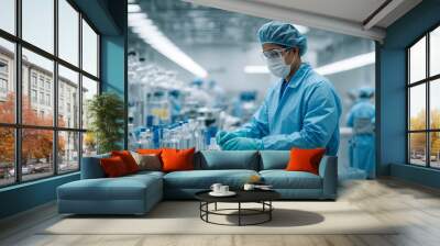 Biotechnology production facility, pharma. Clean production room with worker in blue protective clothes. Wall mural