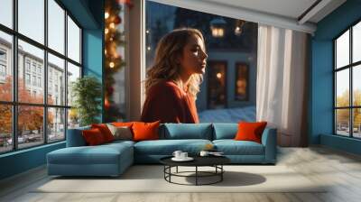 young woman full of anticipation for christmas sitting at the window in daylight at home. Wall mural