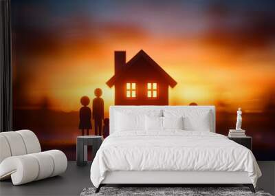 Silhouette of a family with children and a house during a beautiful sunset, representing home, unity, and warmth. Wall mural