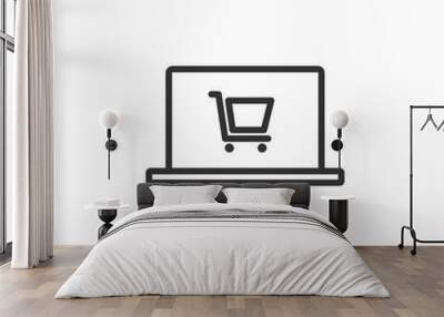 Computer display with shopping cart line icon. Linear style pictogram isolated on white. Outline vector sign. Wall mural