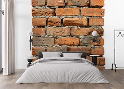 Vertical image of an old, weathered brick wall section with missing bricks, showcasing texture and decay. Wall mural