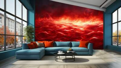 Vivid red waves create a fiery, intense atmosphere, embodying passion and energy in a dramatic seascape. Wall mural