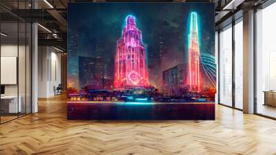 panorama of futuristic city , the metropolis that illuminates a foggy weather in the evening evening, the city center consisting of neon system surrounded , skyscrapers illustration with architecture  Wall mural