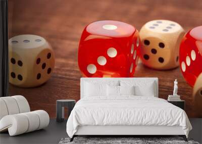 Dice on wooden table. Background for casino games. Wall mural