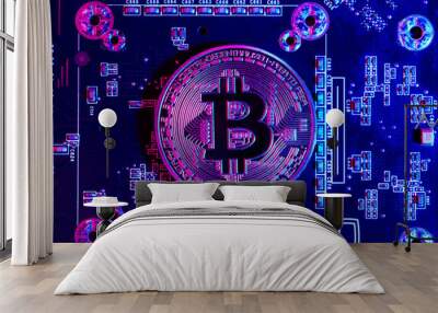 golden bitcoin and computer chip in background Wall mural