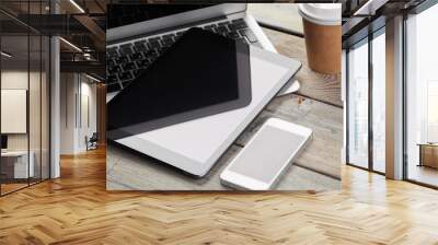 Open laptop with digital tablet and smartphone close up Wall mural