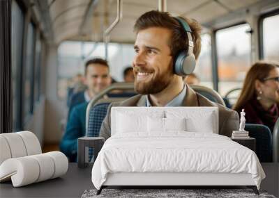 Businessman listening to music on headphones in bus, people on background Wall mural