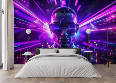 Cyborg face in futuristic cyberspace, 3d rendering illustration Wall mural