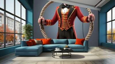 A thick, coiled rope character dressed as a circus ringmaster, complete with a top hat made of braided fibers and a microphone made from tangled twine. It stands proudly in the center of the ring, arm Wall mural