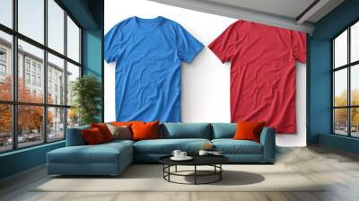 Red and Blue Short Sleeve T-Shirts on White Background Wall mural