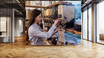 Shop assistant filling reusable bag with dried pasta in organic grocery store. Young shopkeeper working in zero waste shop. Wall mural