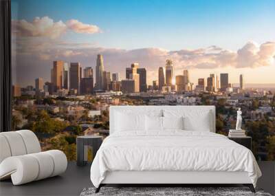 Aerial view of downtown Los Angeles city skyline and skyscrapers on a sunny day. Wall mural