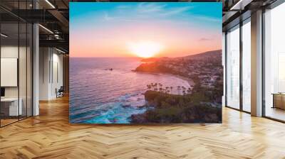 Aerial view over Crescent Bay in Laguna Beach at sunset overlooking Orange County beaches. Wall mural