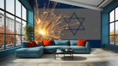 Sparkler over the Israeli flag close-up. Independence Day. The concept of celebration, patriotism and celebration Wall mural