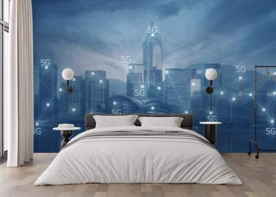 5G technology connecting activity in the modern city concept in blue tone. Wall mural