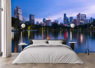 Bangkok business and travel landmark famous district urban skyline aerial view at night. Wall mural