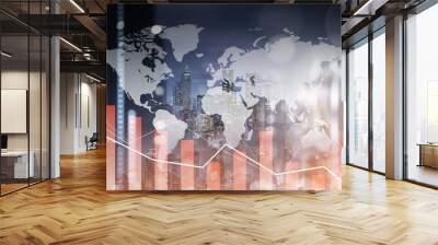 Graph down World economic recession concept multiple exposure. Wall mural